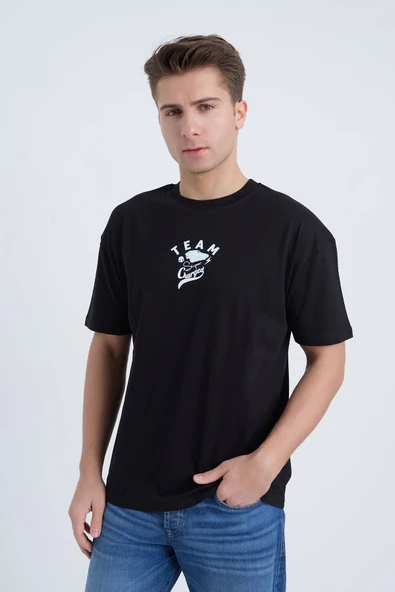 Moxe Collection Erkek Oversize Baskılı Tişört Siyah Team