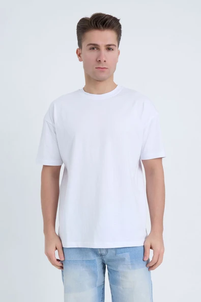 Moxe Collection Erkek Oversize Basic Tişört Beyaz
