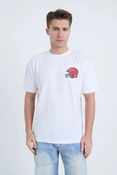 Moxe Collection Erkek Oversize Baskılı Tişört Beyaz Football Helmet