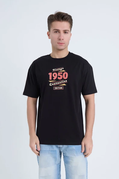 Moxe Collection Erkek Oversize Baskılı Tişört Siyah Vintage 1950
