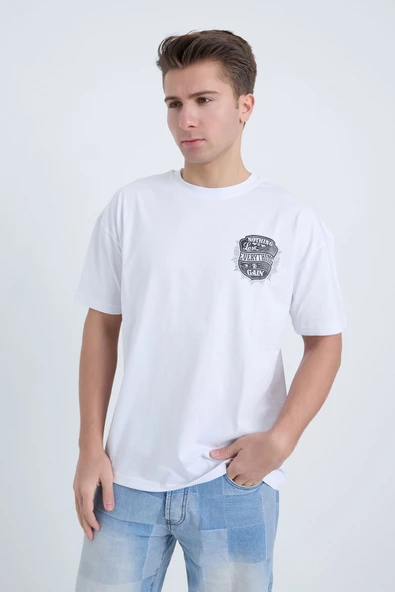 Moxe Collection Erkek Oversize Baskılı Tişört Beyaz Everything To Gain