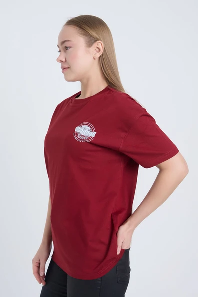 Moxe Collection Kadın Oversize Baskılı Tişört Bordo Original Vintage