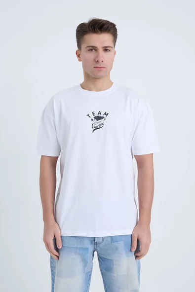 Moxe Collection Erkek Oversize Baskılı Tişört Beyaz Team