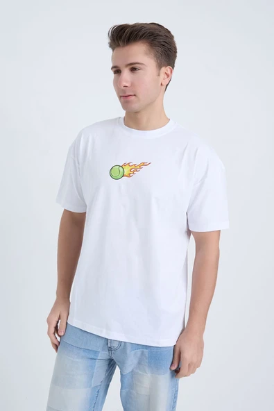 Moxe Collection Erkek Oversize Baskılı Tişört Beyaz Hot Tennis
