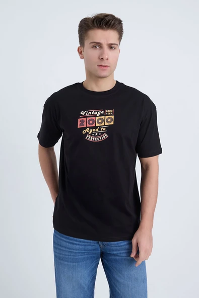 Moxe Collection Erkek Oversize Baskılı Tişört Siyah 2000
