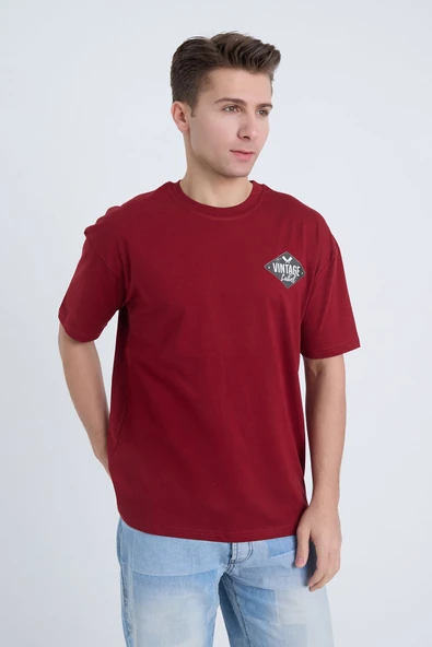 Moxe Collection Erkek Oversize Baskılı Tişört Bordo Vintage Label