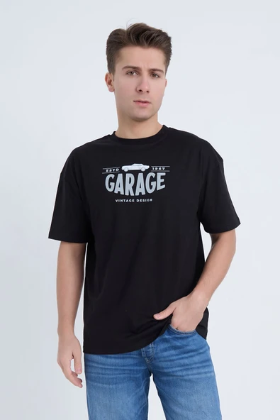 Moxe Collection Erkek Oversize Baskılı Tişört Siyah Garage 1967