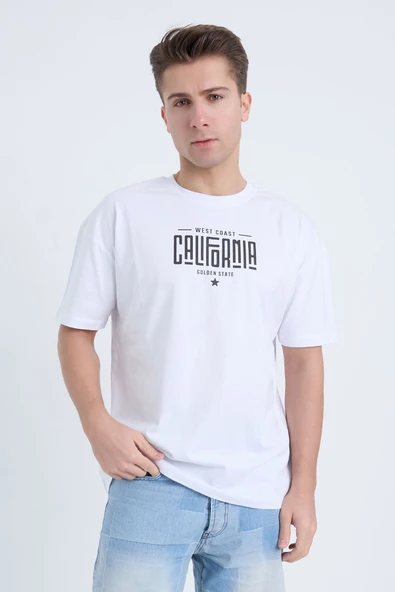 Moxe Collection Erkek Oversize Baskılı Tişört Beyaz California