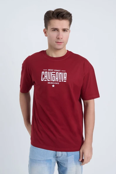 Moxe Collection Erkek Oversize Baskılı Tişört Bordo California