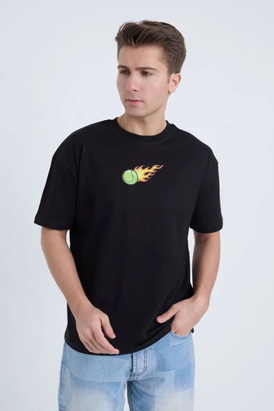 Moxe Collection Erkek Oversize Baskılı Tişört Siyah Hot Tennis