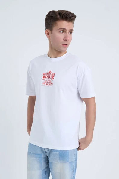 Moxe Collection Erkek Oversize Baskılı Tişört Beyaz We Must Sail