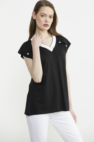 Triko Yaka Kombinli Penye Tişört - Siyah - Resim 5