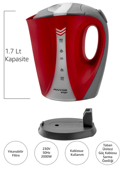 Awox Wego Açık Rezistanslı Su Isıtıcı Kettle Kırmızı - 3