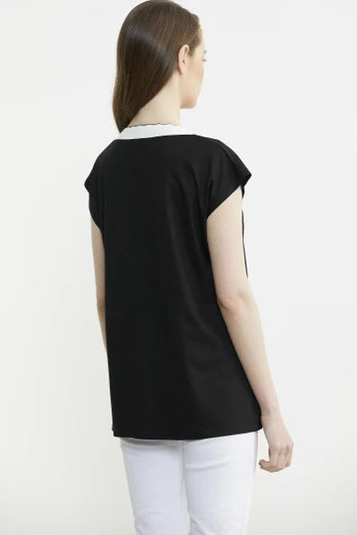 Triko Yaka Kombinli Penye Tişört - Siyah - Resim 6