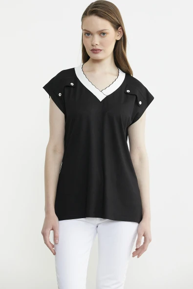 Triko Yaka Kombinli Penye Tişört - Siyah ürün görseli 1