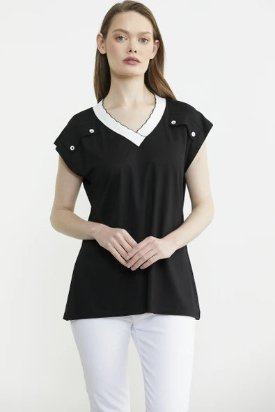 Triko Yaka Kombinli Penye Tişört - Siyah - Resim 3