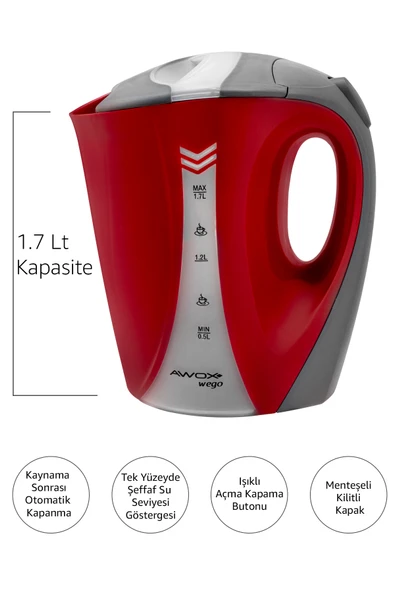 Awox Wego Açık Rezistanslı Su Isıtıcı Kettle Kırmızı - 2