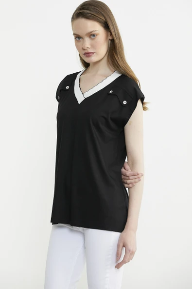 Triko Yaka Kombinli Penye Tişört - Siyah - Resim 4
