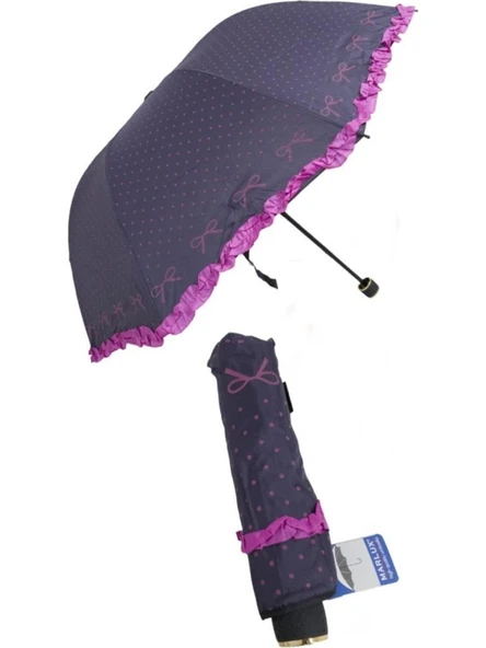 Eleven Market Rüzgarda Kırılmayan Kurdele ve Fırfır Detaylı Mürdüm Kadın Şemsiyesi ürün görseli 1