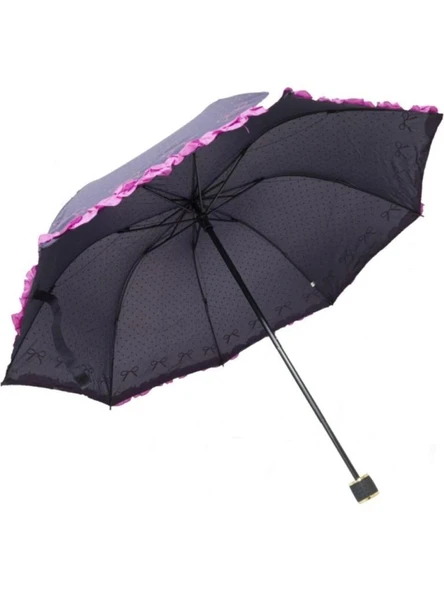Eleven Market Rüzgarda Kırılmayan Kurdele ve Fırfır Detaylı Mürdüm Kadın Şemsiyesi - Resim 4