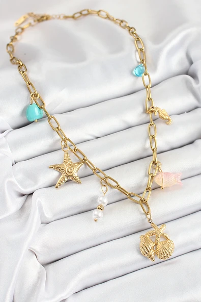 Gold Renk Deniz Yıldızı ve Deniz Kabuğu Konsept Kadın Kolye - EBJ250620W35579 - Resim 2