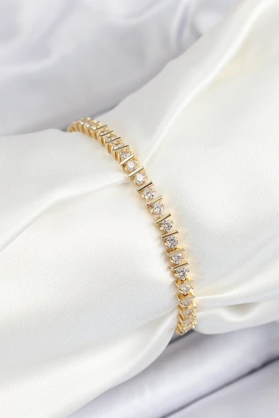 Pirinç Sıralı Çit Model Zirkon Taşlı Gold Renk VİP Seri Kadın Bileklik - EBJ250620W35781 - 1