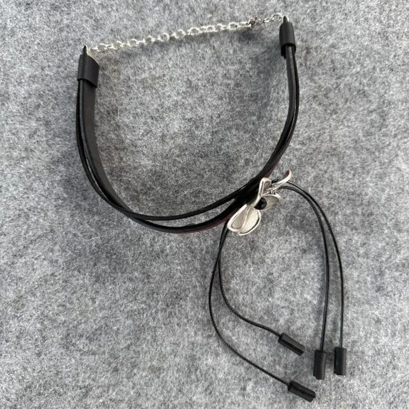 Çiçek Şekilli Bordo Renk Kadın Deri Choker Tasma Kolye Gümüş Kaplama Ayarlanabilir Choker - 4