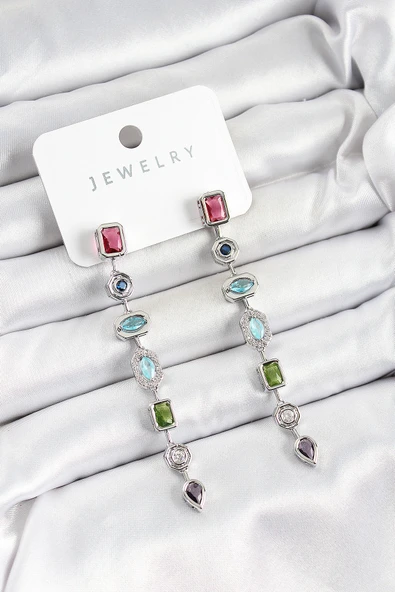 Pirinç Renkli Zirkon Taşlı Sallantılı Model Gümüş Renk Kadın Küpe - EBJ250620W35728 ürün görseli