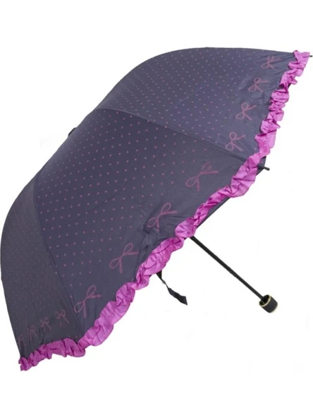 Eleven Market Rüzgarda Kırılmayan Kurdele ve Fırfır Detaylı Mürdüm Kadın Şemsiyesi - Resim 5