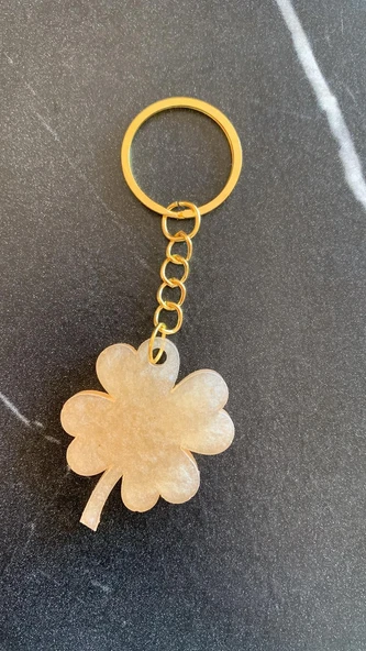 Sedefli Turuncu Renk Yonca Şekil Gold Aksesuarlı Anahtarlık El Yapımı Epoksi Hediyelik - Resim 6