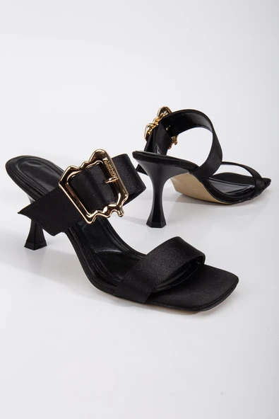 Kadın Topuklu Terlik Siyah Saten Tek Bant Aksesuarlı ürün görseli