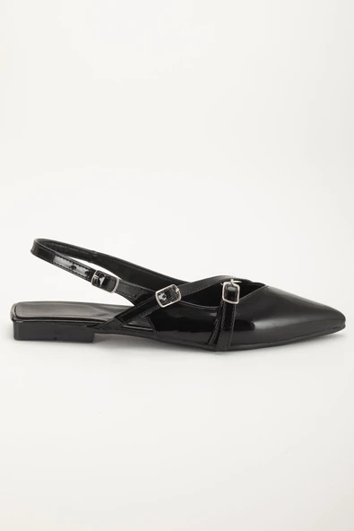 Badın Babet Siyah Rugan Çapraz Bantlı Arka Açık Sivri - Resim 3