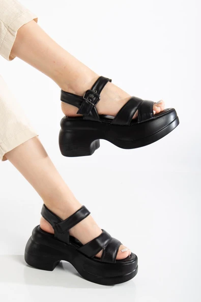 Kadın Dolgu Topuk Sandalet Siyah 2 Kalın Bantlı cilt - Resim 2