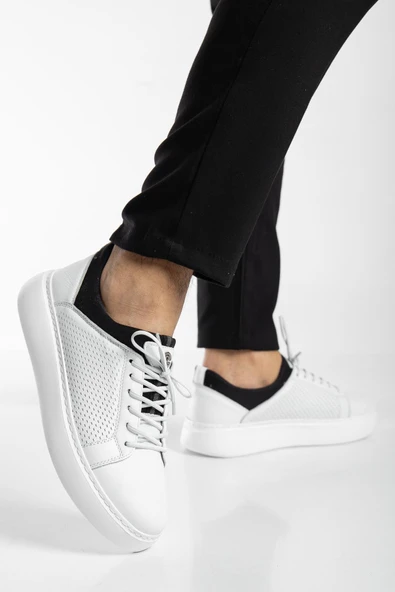 Hakiki Deri Erkek Günlük Ayakkabı Beyaz Streç ve Elastik Bağcıklı Eva Taban - Resim 2