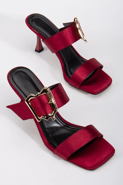 Kadın Topuklu Terlik Bordo Saten Tek Bant Aksesuarlı ürün görseli