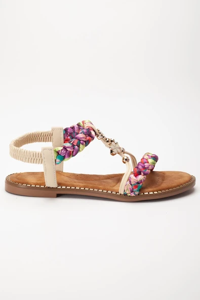 Kadın DÜz Topuklu Sandalet Bej Örgü Bantlı Çiçek Tokalı - Resim 3