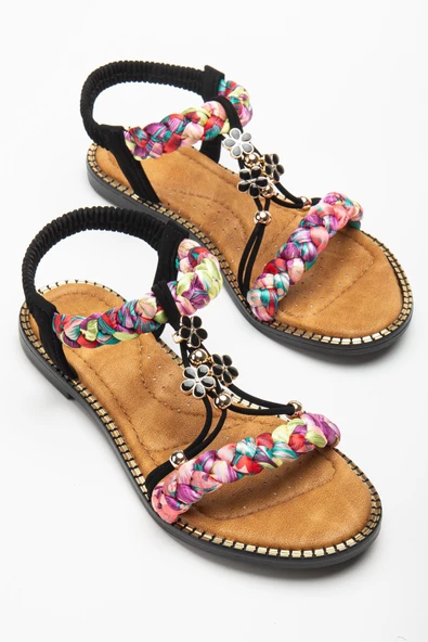 Kadın DÜz Topuklu Sandalet Siyah Örgü Bantlı Çiçek Tokalı ürün görseli