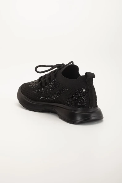 Kadın Spor Ayakkabı Siyah Triko Taş Döşemeli Kalın Taban - Resim 5