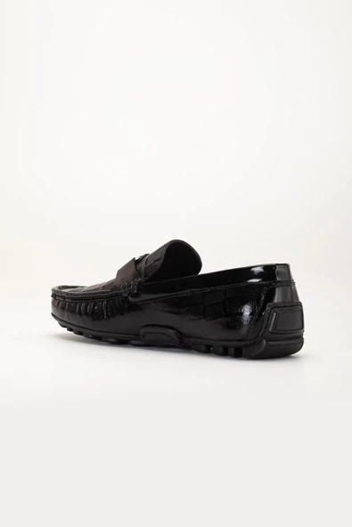 Hakiki Deri Erkek Günlük Loafer Ayakkabı Siyah Rugan Metal Tokalı - Resim 4