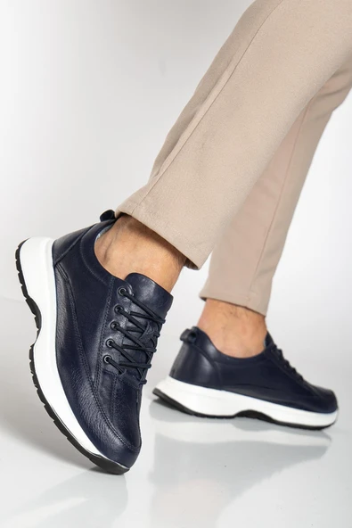 Hakiki Deri Erkek Günlük Ayakkabı Lacivert Elastik Bağcıklı Kalın Taban - Resim 2