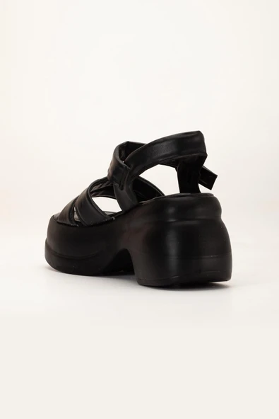 Kadın Dolgu Topuk Sandalet Siyah 2 Kalın Bantlı cilt - Resim 5