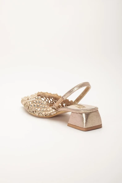 Kadın Kısa Topuklu Abiye Ayakkabı Gold Örme Taşlı Sivri Kalıp - Resim 5
