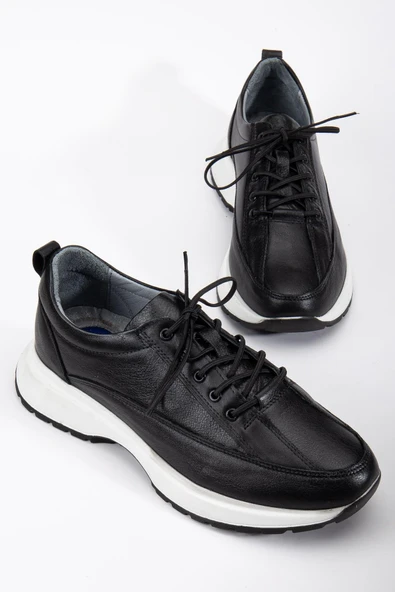 Hakiki Deri Erkek Günlük Ayakkabı Siyah Elastik Bağcıklı Kalın Taban ürün görseli