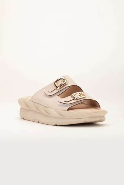 Kadın Dolgu Taban Terlik Bej 2 Bantlı Suni Deri - Resim 4