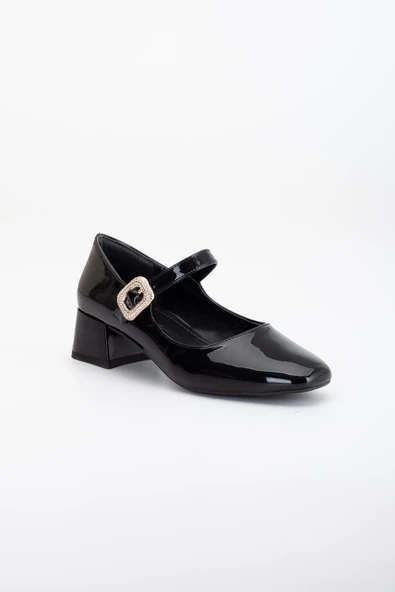 Büyük Numara Kadın Topuklu Ayakkabı Siyah Rugan Baretli Taşlı Burs - Resim 4