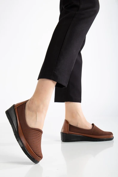 Hakiki Deri Büyük Beden Kadın Ortopedik Günlük Ayakkabı Taba Streç Nakış Detaylı - Resim 2