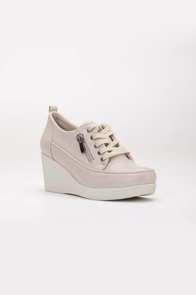 Kadın Dolgu Topuklu Ayakkabı Bej Rugan Fermuarlı Bağcıklı - Resim 4