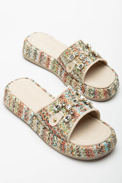 Kadın Dolgu Topuklu Terlik Nude Hasır Malzeme Kaplama Taban Taşlı ürün görseli