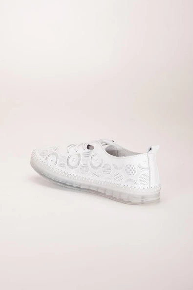 Hakiki Deri Kadın Günlük Ayakkabı Beyaz Lazer Baskılı Elastik Bağcıklı Jel Taban - Resim 5