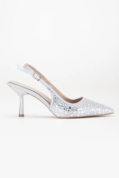 Kadın Abiye Ayakkabı Gümüş İnce Topuklu Taş Döşeme - Resim 3